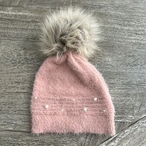 Mayoral Pink Knit Hat with Faux Fur Pom